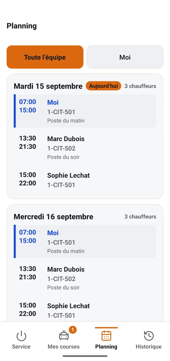 App chauffeur DashCab, onglet Planning : services de toute l’équipe, jour par jour, le sien mis en évidence