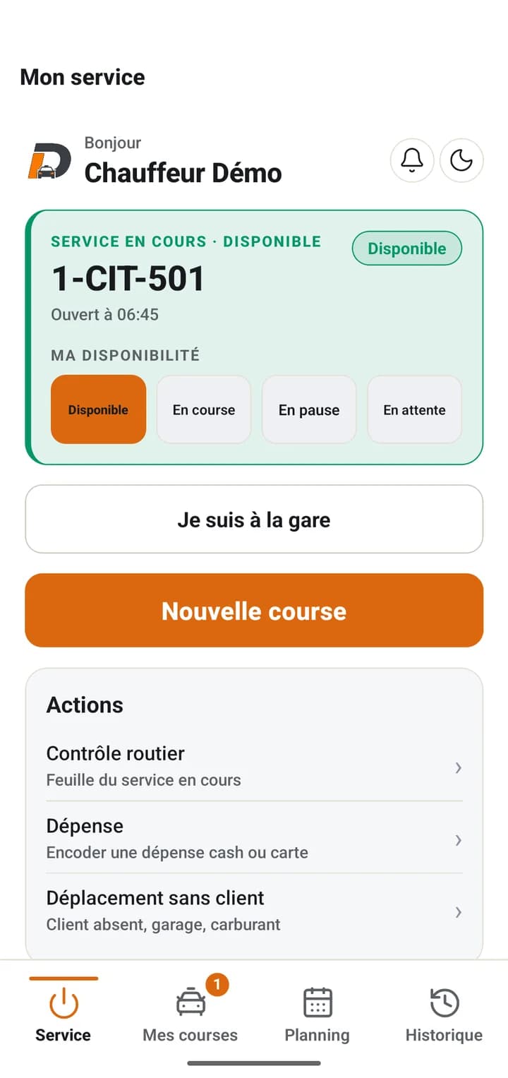 App chauffeur DashCab : service en cours sur le véhicule 1-CIT-501, disponibilité, bouton Nouvelle course, actions contrôle routier et dépense