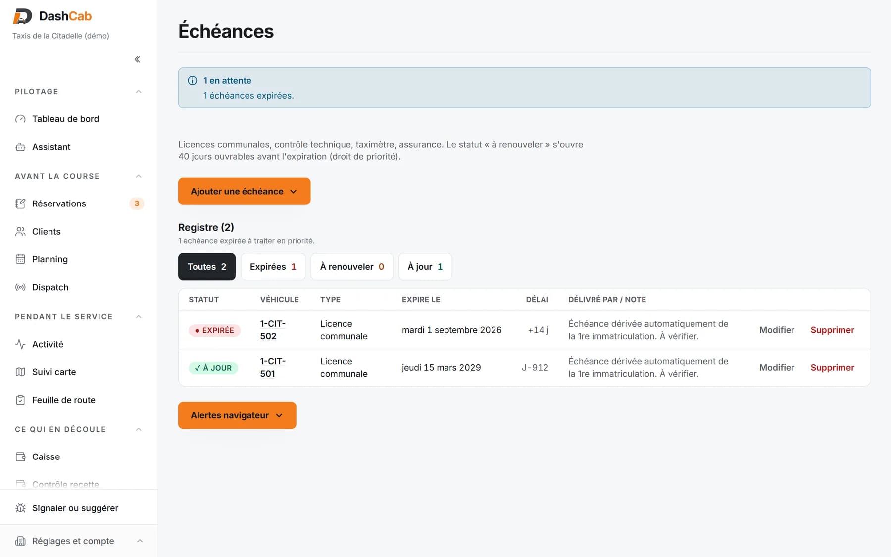 Registre des échéances DashCab : licence communale expirée sur un véhicule, licence à jour sur l’autre, filtres expirées, à renouveler, à jour