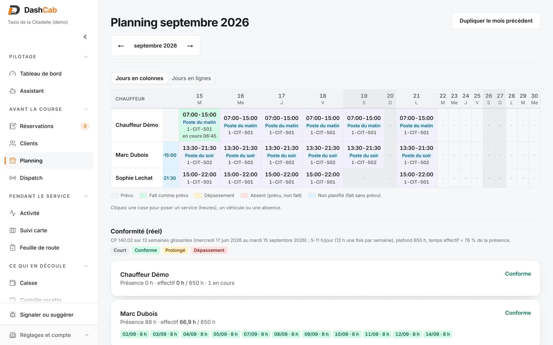 Planning DashCab : services par chauffeur et par jour, service en cours mis en évidence, légende prévu, fait, dépassement, absent, et contrôle CP 140.02 sur 13 semaines